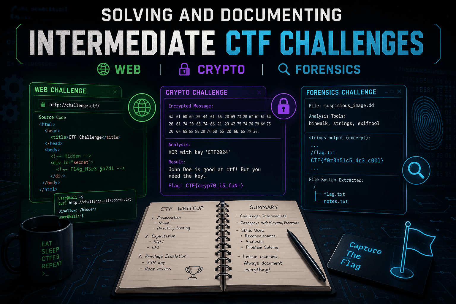 Solving and Documenting Intermediate CTF Challenges (Web, Crypto, Forensics)